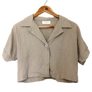 Gillia Clothing Hawaii Linen Boxy Cropped Shirt Tan Size S Short Sleeve